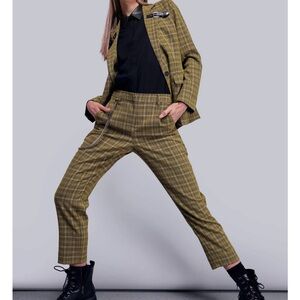 DEBBIE HARRY X WILDFANG SLIM CROP PANT - Mustard Plaid Pants with Black Details